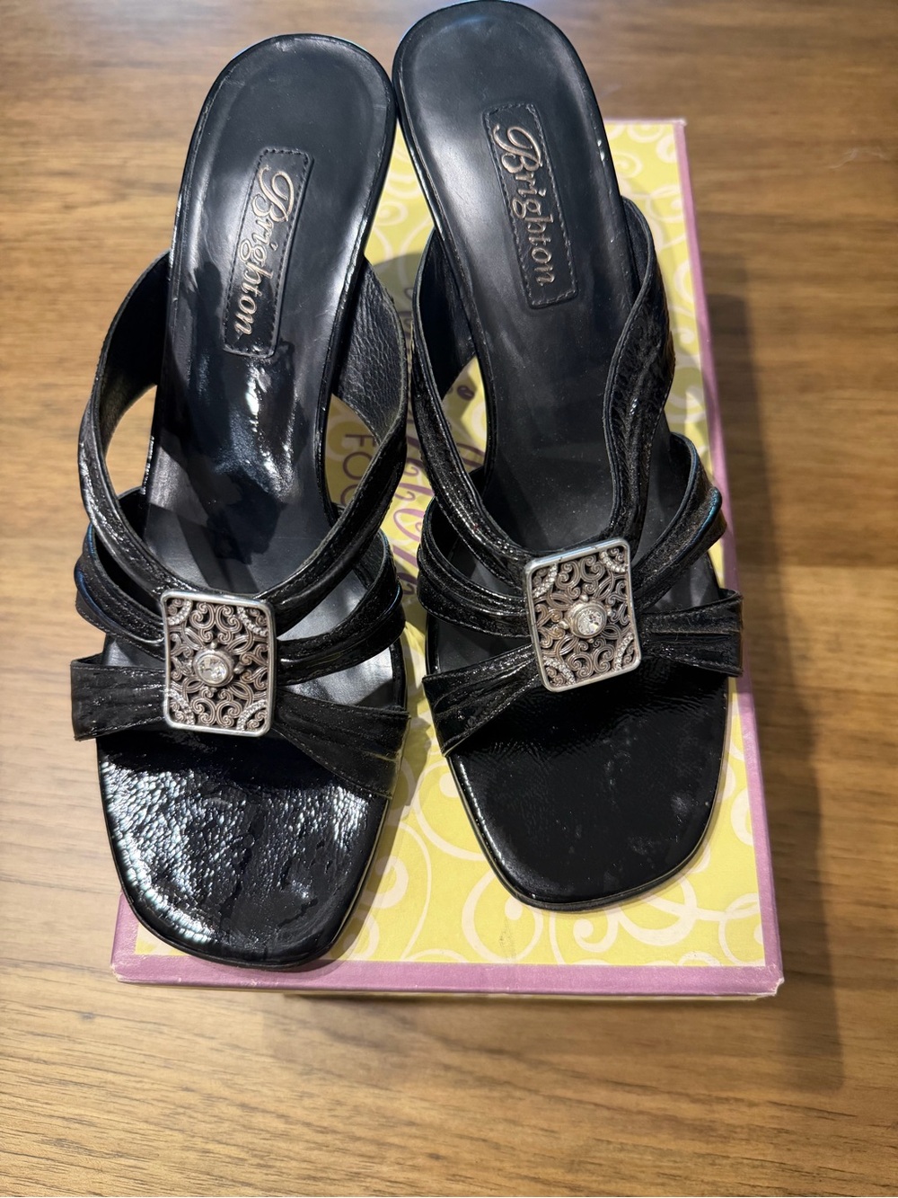 Brighton Black Patent Slide Heels with Ornate Silver Buckles